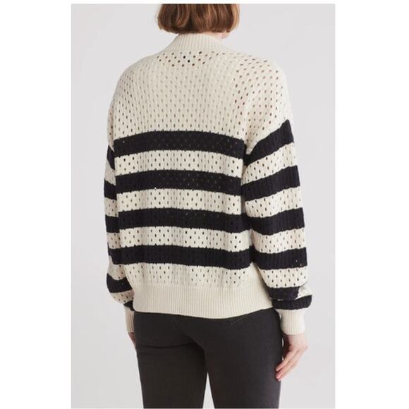 SANCTUARY Sweater Size XS NEW Open Knit Bomber Cardigan Cream Black Full Zip - Picture 2 of 8